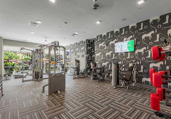 a spacious fitness center with cardio machines and other exercise equipment