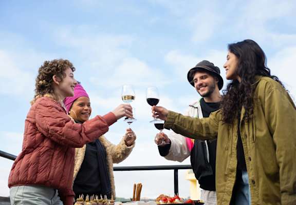A group of people toasting with wine glasses on a rooftop.