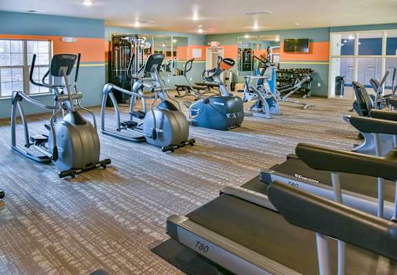 a large fitness room with treadmills and other exercise equipment