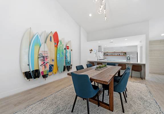 surf inspired community room with full kitchen at Pointe Luxe Apartment Homes, San Diego, CA, 92110