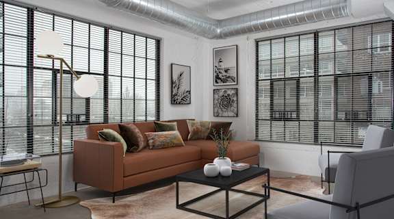 a living room with a couch and a coffee table