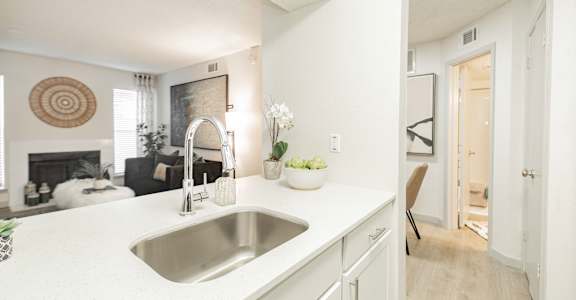 A kitchen with a white countertop and a stainless steel sink.