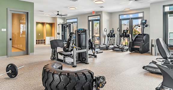 the gym has plenty of exercise equipment and windows