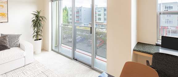 A room with a white couch, a plant, a desk with a laptop, and a view of the street through a glass door.