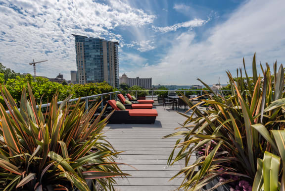 a roof deck with couches and chairs and a city in the background