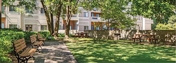 A park with benches and trees in front of apartment buildings.