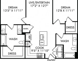 The Patterson. 2 bedroom apartment. Kitchen with island open to living room. 2 full bathroom, double vanity in master. Walk-in closets.