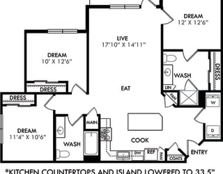 The Pecan Lodge. 3 bedroom apartment. Kitchen with 33.5" lowered counters/island open to living/dinning rooms. 2 full bathrooms. Standalone Shower in Master. Patio/balcony.