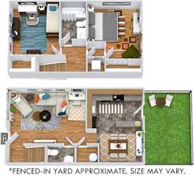 3D Dogwood 2 bedroom townhome with fenced-in yard. L shaped kitchen, dining room, half bath and living room on first floor. 2 bedroom and 1 bath on second floor
