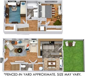 3D Dogwood 2 bedroom townhome with fenced-in yard. L shaped kitchen, dining room, half bath and living room on first floor. 2 bedroom and 1 bath on second floor