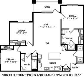 The Pecan Lodge. 3 bedroom apartment. Kitchen with 33.5" lowered counters/island open to living/dinning rooms. 2 full bathrooms. Standalone Shower in Master. Patio/balcony.