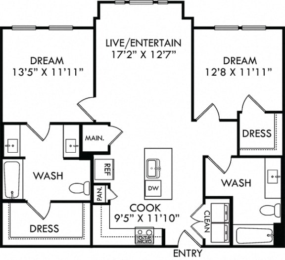The Patterson. 2 bedroom apartment. Kitchen with island open to living room. 2 full bathroom, double vanity in master. Walk-in closets.