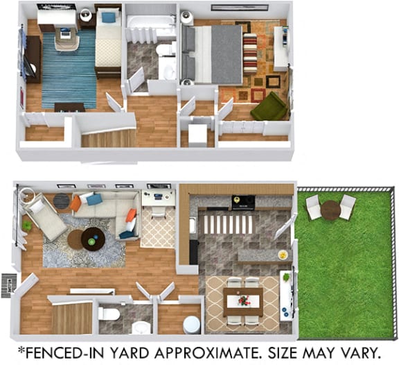 3D Dogwood 2 bedroom townhome with fenced-in yard. L shaped kitchen, dining room, half bath and living room on first floor. 2 bedroom and 1 bath on second floor