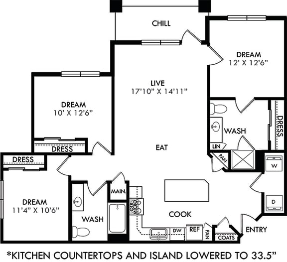 The Pecan Lodge. 3 bedroom apartment. Kitchen with 33.5" lowered counters/island open to living/dinning rooms. 2 full bathrooms. Standalone Shower in Master. Patio/balcony.
