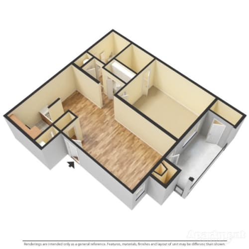 Floor Plan  a 3-d image of a 1 bedroom, 1 bathroom floorplan at Forest Pointe Apartments in Macon, GA