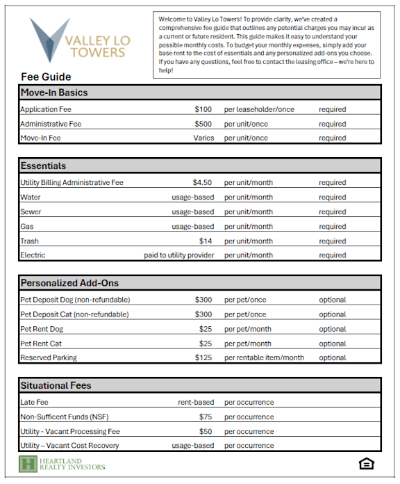 A fee guide for Valley Lo Towers outlines various fees for services such as move-in essentials and pet deposits.