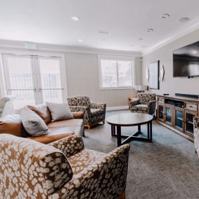 a living room with couches and chairs and a television