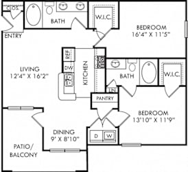 Birmingham. 2 bedroom apartment. Kitchen with bartop open to living/dinning rooms. 2 full bathroom, double vanity in guest. Walk-in closet. Patio/balcony.