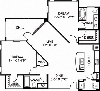 The Dessau. 2 bedroom apartment. Kitchen with island open to living/dinning rooms. 2 full bathrooms, double vanity in master. Walk-in closets. Patio/balcony.