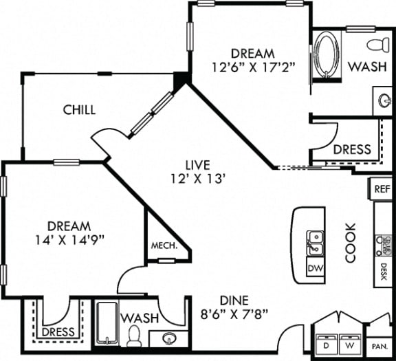 Driftwood. 2 bedroom apartment. Kitchen with island open to living/dinning rooms. 2 full bathrooms. Walk-in closets. Patio/balcony.