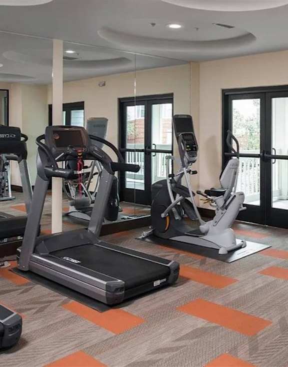 A gym with treadmills, exercise bikes, and other equipment. at Haven at Lewisville Lake Apartments, Lewisville, Florida