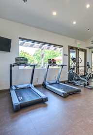 A gym with treadmills and exercise equipment.