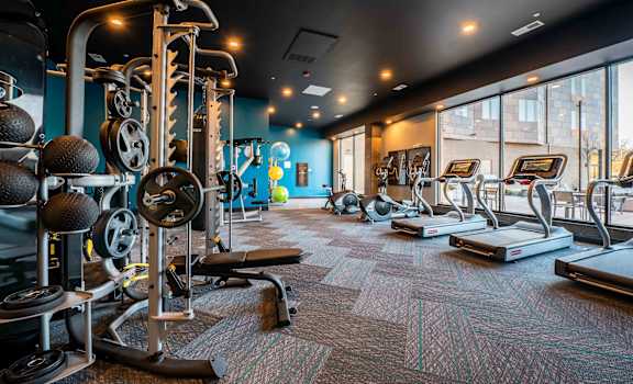 A gym with a variety of equipment including treadmills, weights, and exercise machines.