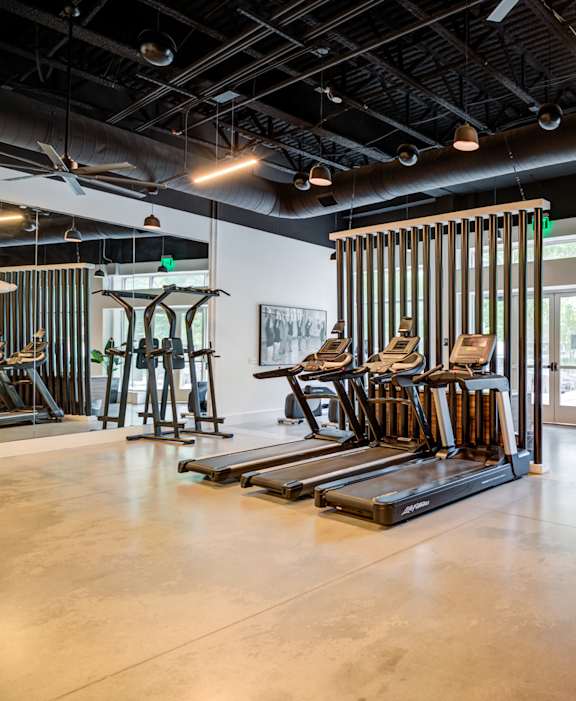 Gym with weights and other exercise equipment at Flats at West Broad Village, Glen Allen, Virginia