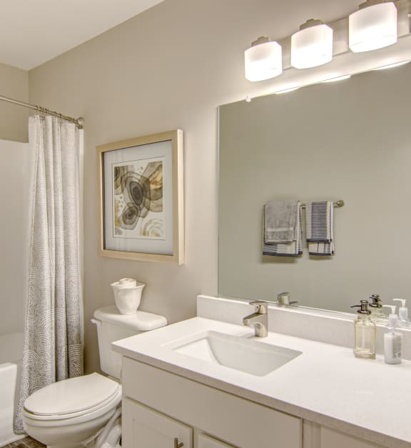 a bathroom with a white toilet next to a white bathtub at Hunters Chase Apartments, Midlothian, VA