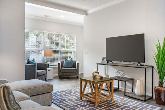 A living room with a grey sofa, a black TV, and a wooden coffee table.