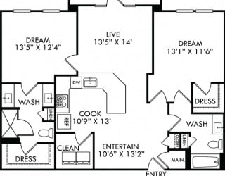 The Burl Ray. 2 bedroom apartment. Kitchen with bartop open to living room. 2 full bathroom, double vanity & shower stall in master. Walk-in closets. Patio.
