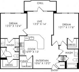 The Burl Ray. 2 bedroom apartment. Kitchen with bartop open to living room. 2 full bathroom, double vanity & shower stall in master. Walk-in closets. Patio.