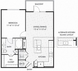 The Aikman Aikman 1 BEDROOM 1 BATH apartment with Kitchen and Kitchen island, alternate peninsula island layout available. Wine Rack. Pantry. Open to living-dining. in-unit laundry. walk-in closet. Balcony.