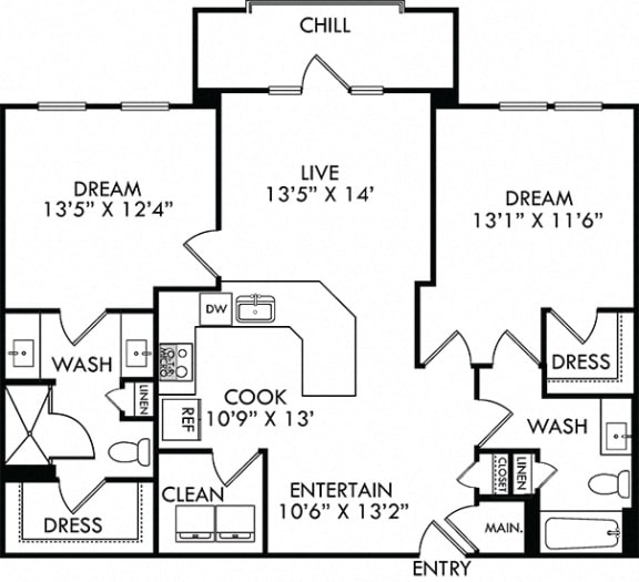 The Burl Ray. 2 bedroom apartment. Kitchen with bartop open to living room. 2 full bathroom, double vanity & shower stall in master. Walk-in closets. Patio.