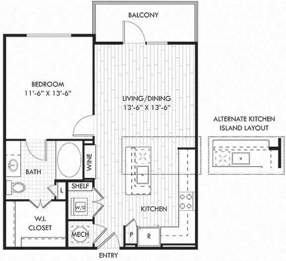 Aikman 1 BEDROOM 1 BATH apartment with Kitchen and Kitchen island, alternate peninsula island layout available. Wine Rack. Pantry. Open to living-dining. in-unit laundry. walk-in closet. Balcony.