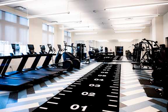 A gym with treadmills and elliptical machines.