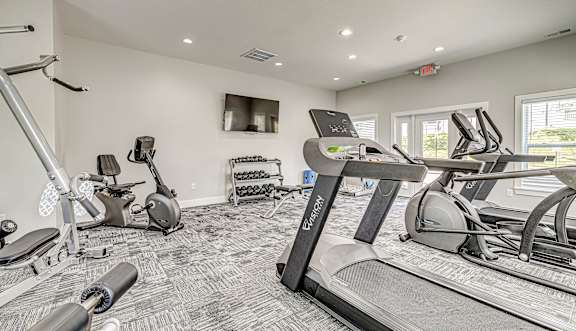 A well-equipped gym with treadmills, elliptical machines, and dumbbells.