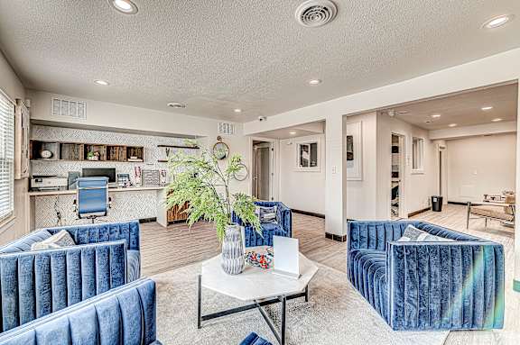 A living room with blue velvet chairs and a white coffee table.