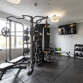 A well-equipped home gym with a variety of exercise equipment.