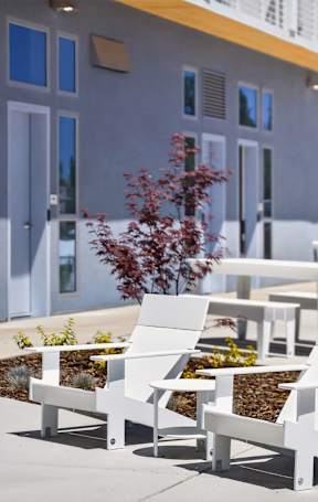A row of white chairs are lined up on a sidewalk.