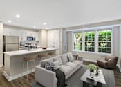 Thumbnail 3 of 9 - A modern living room with a kitchen area in the background.