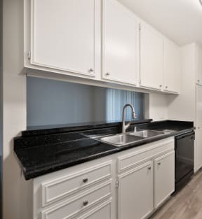 a kitchen with white cabinets and a black counter top and a sink