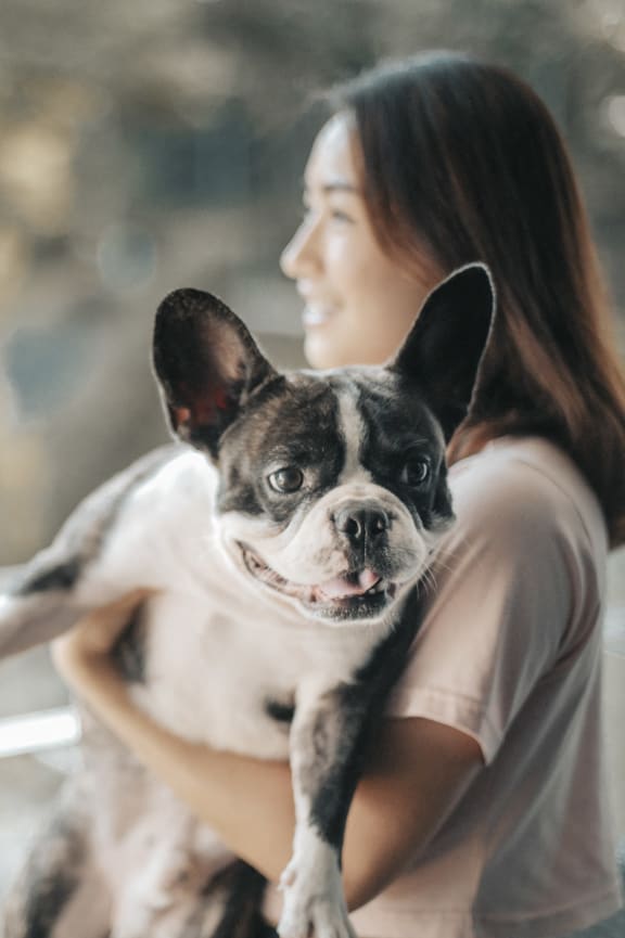 a woman holding a small dog looking out a window
