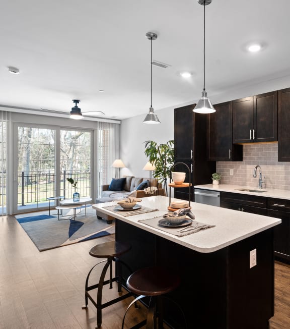 entertainment kitchen with various seating options and plenty of natural light at Hamilton at Eagleview, Exton Pennsylvania