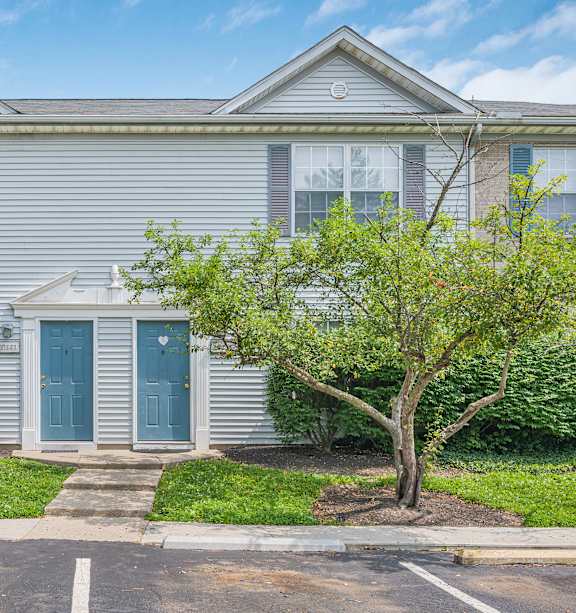 A house with a blue door and a tree in front.