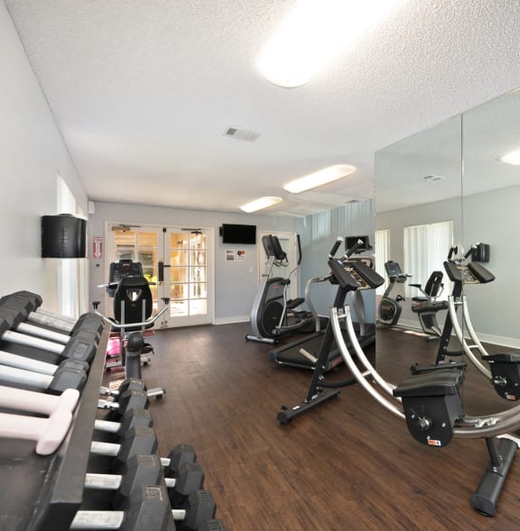 a gym with weights and cardio equipment on the floor and a painting on the wall