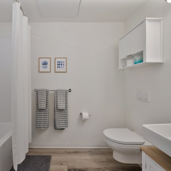 a bathroom with a toilet and a tub and a sink