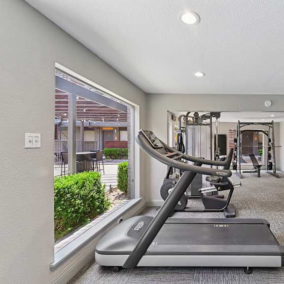 A treadmill is in the middle of a room with exercise equipment.