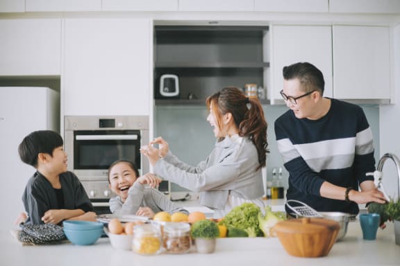 a family in the kitchen