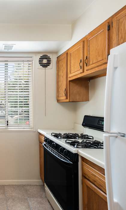 A kitchen with wooden cabinets and a white refrigerator.